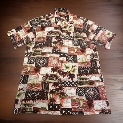 Camisa De Colección Royal Creations Diseño de Tela de Tapa MOTO Woody Wagon Surfer Aloha Hombres S Foto 1 de 4