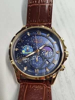 LIGE men's Chronograph Watch Black Dial Brown Strap - Image 1 of 4