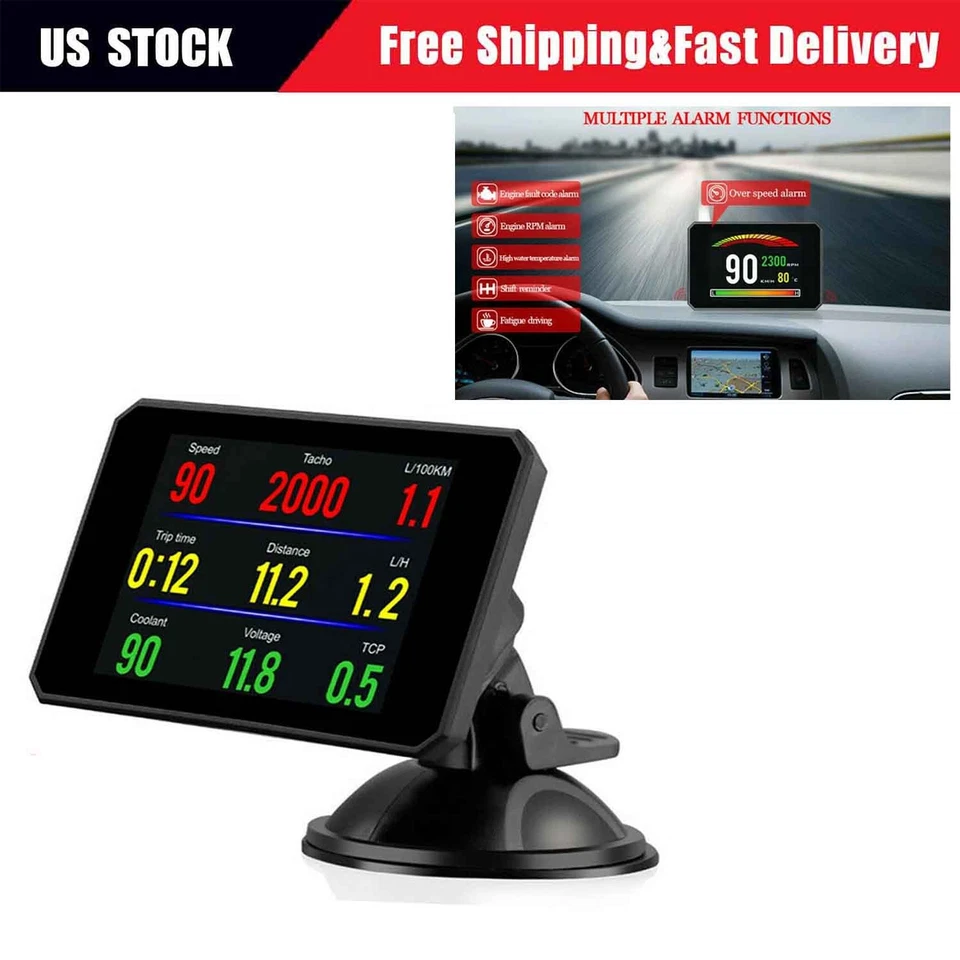 NEW Car OBD2 HUD Head Up Display Speedometer Alarm Oil Water Temp Gauge Monitor Foto 1 de 4