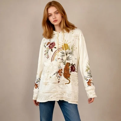 Sudadera con Capucha Johnny Was Bordada Floral Terry Francés Cruda Talla S Crema NUEVA SIN ETIQUETAS Foto 1 de 4