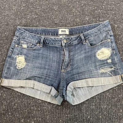 Pantalones Cortos Paige TALLA 30 Para Mujer Jean Denim Pantalones Cortos Puños Cintura Desgastada 37” ¡Lindos! Foto 1 de 4