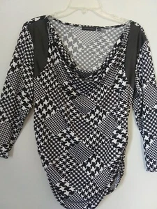 Notations Womens Large Blouse Black Houndstooth Faux Leather Accent Pullover Top - Picture 1 of 11