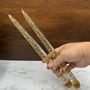 De Colección Par de Velas Cónicas Lucite Transparentes Oro Brillo Manchas Abt 12" MCM Acrílico - Imagen 1 de 7