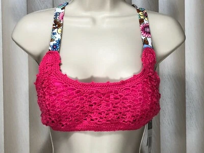 California Waves Bikini Swim Top L Strappy Back Crochet Pink Floral Juniors - Image 1 of 4