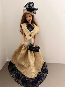 Vintage Barbie OOAK Custom Gold Gown W Navy Lace,Purse,Hat Lace Slippers,Shawl - Picture 1 of 14