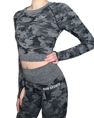 Elise Sports Womens Black Camo Crop Top for Yoga, Pilates, Gym - Image 1 of 4