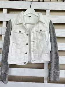 Free People Women Xs Distressed White Denim Jeans Jacket Gray Knit - Picture 1 of 12