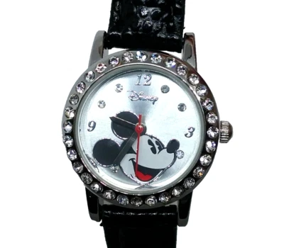 Disney Mickey Mouse Wristwatch Jewel Edges Black Band Large Mickey Head Analog - Image 1 of 4