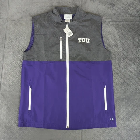TCU Horned Frogs Vest Champion Sleeveless Full Zip Nylon Gray Purple Men Medium Cover