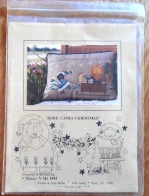 NEW  1992 Mosey N' Me Cross Stitch Chart "Here Comes Christmas" w Sled*Tree*Lion - Image 1 of 3