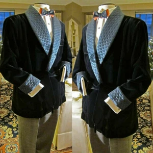 Smoking Jacket Mens Black Velvet Blazer Christmas Party Wear Evening Dinner Coat - Picture 1 of 8