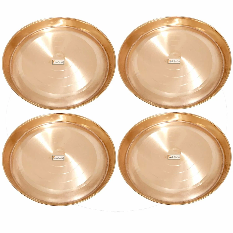 Juego de 4 platos, vajilla y vajilla Thali de cobre puro liso de 12" Foto 1 de 3
