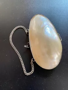 Antique MOP Purse Tiny Chatelaine Clam Shell Hinged with Chain 3" x 3.25" - Picture 1 of 7
