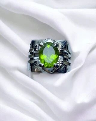 Anillo Ovalado Peridoto Hombre Mujer Plata 925 Real Peridoto Natural Joyería Regalo Foto 1 de 4