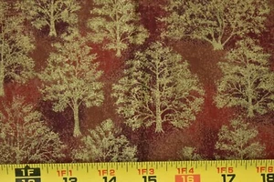 By 1/2 Yd, Metallic-Gold Trees on Reds Quilt Cotton, Cranston, P1221 - Picture 1 of 6