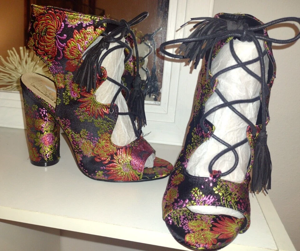 Sexy Colorido Borla Bloque Tacón Cordones Sandalias Colorido Diseño Oriental 7 Foto 1 de 4