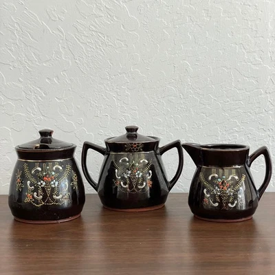 Vintage Japonês Moriage Redware Cerâmica Creme Açúcar Conjunto (3) Marrom Floral - Imagem 1 de 4