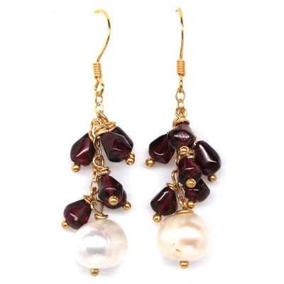 925 Sterling Silver 18K Gold Plated 7 x 9 White Pearl & Rhodolite Earrings - Image 1 of 4
