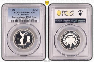 EL SALVADOR SILVER PROOF 5 COLONES COIN 1971 KM#142 150th INDEPENDENCE PCGS PR67 - Picture 1 of 3