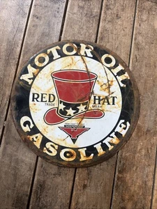 RED HAT Motor Oil & Gasoline - Gas Pump Plate Sign - Gas & Oil - Independent - Picture 1 of 19