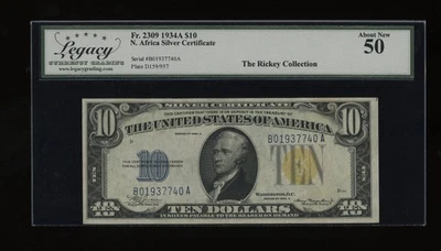 DBR 1934-A $10 North Africa Silver Fr. 2309 Legacy AU-50 Serial B01937740A - Image 1 of 2