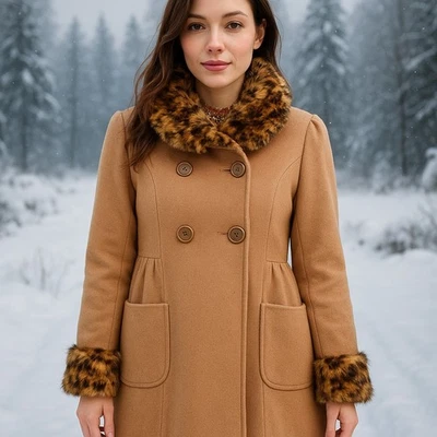 Abrigo para mujer JouJou camel cuello y puños de piel sintética talla pequeña Foto 1 de 4