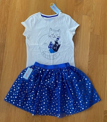 全新 Cat&Jack 女孩光明节 Dreidel 猫衬衫和裙子 尺寸 L(10-12) — 第 1/4 张图片