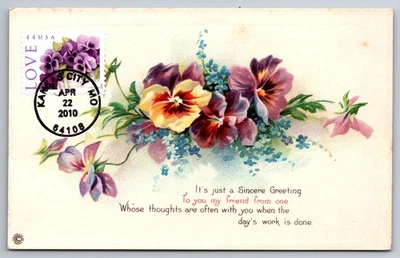 #4450 Love, Pansies in a Basket FDC Maxi Card on Vintage Postcard - Image 1 of 2