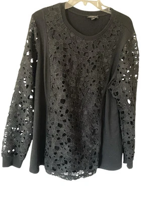 Lane Bryant 18/20 黑色衬衫带钩针长袖大码女式弹力 — 第 1/4 张图片