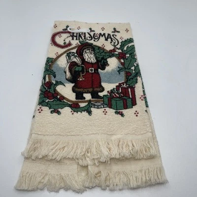 Toalla de mano vintage beige vacaciones Navidad Santa Tree Regalos Acebo Nuevo de Lote Antiguo Foto 1 de 4