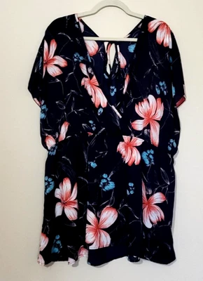 Blusa túnica Torrid NOVA longa amarração traseira Dolman plus 3X linda preta coral - Imagem 1 de 4