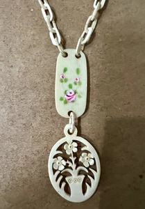 Antique Celluloid Necklace W Oval Cut Out Ivory Pyralin Charm Pink Rose 24” - Picture 1 of 11