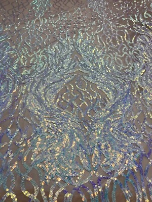 Iridescent Lavender damask sequin on stretch nude mesh fabirc 54” wide - Image 1 of 2
