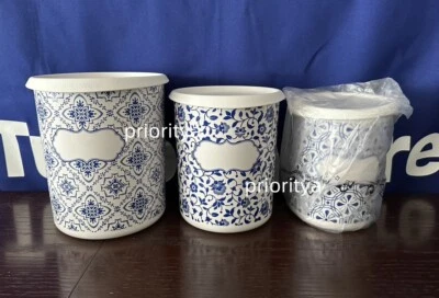 Tupperware One Touch Bote 12/8/5 Taza Juego de 3 Azul y Blanco Floral Nuevo Foto 1 de 4