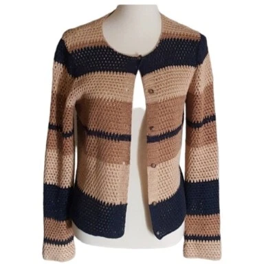 Cárdigan de lino tejido a mano vintage Jones New York azul tostado y camel a rayas Foto 1 de 4