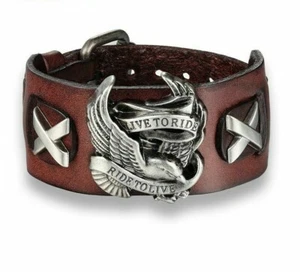 Men Biker Motorcycle Bracelet Live To Ride Eagle Genuine Leather Cuff Wrist Band - Picture 1 of 15