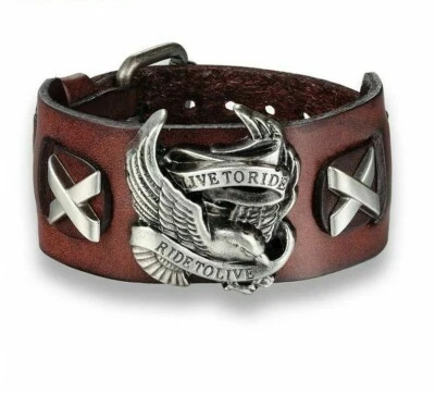 Herren Biker Motorrad Armband Leben Um Ride Adler Echtleder Manschette Armband - Bild 1 von 4