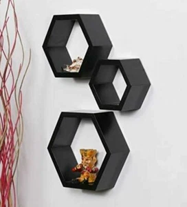 Estante de pared hexagonal, conjunto de 3 estantes de pared hexágonos flotantes negro decoración del hogar/oficina - Imagen 1 de 8