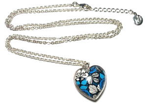 Vintage Jewelry Necklace SIGNED VERA BRADLEY Heart Pendant Silver Tn Blue 21