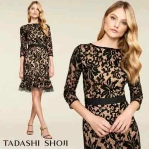 Tadashi Shoji FAB! Kennedy Lace Embroidered Floral Dress Black w Nude Lining 4 - Picture 1 of 9