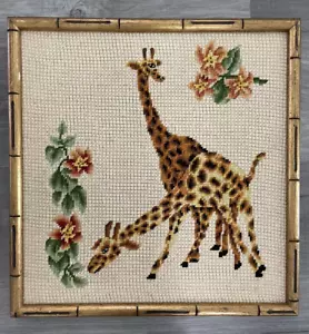 1970s Vintage Gold Gilt Bamboo Framed Needlepoint Giraffe Pair Handmade Art - Picture 1 of 8
