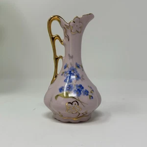 Vintage H&C Czechoslovakia Hand Painted Miniature Pink Pitcher Gold Handle - Picture 1 of 10