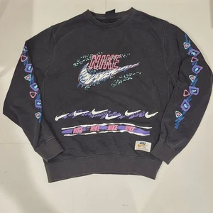 Nike Sweater Mens L Black Stories Crewneck Pullover 80s 90s Style Swoosh Logo - Picture 1 of 9