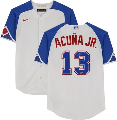 Camiseta deportiva Nike City Connect blanca firmada por Ronald Acuña Jr. Atlanta Braves réplica Foto 1 de 4