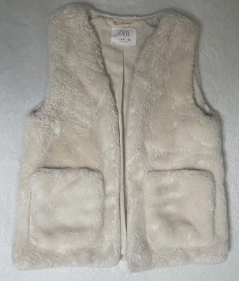 ZARA Faux Fur Vest Girls 9-10 Cream Open Pockets Cozy Plush - Image 1 of 4