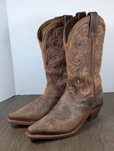 TONY LAMA Distressed Leather Western Boots Womens 6.5 B Brown Embroidered - Picture 1 of 15