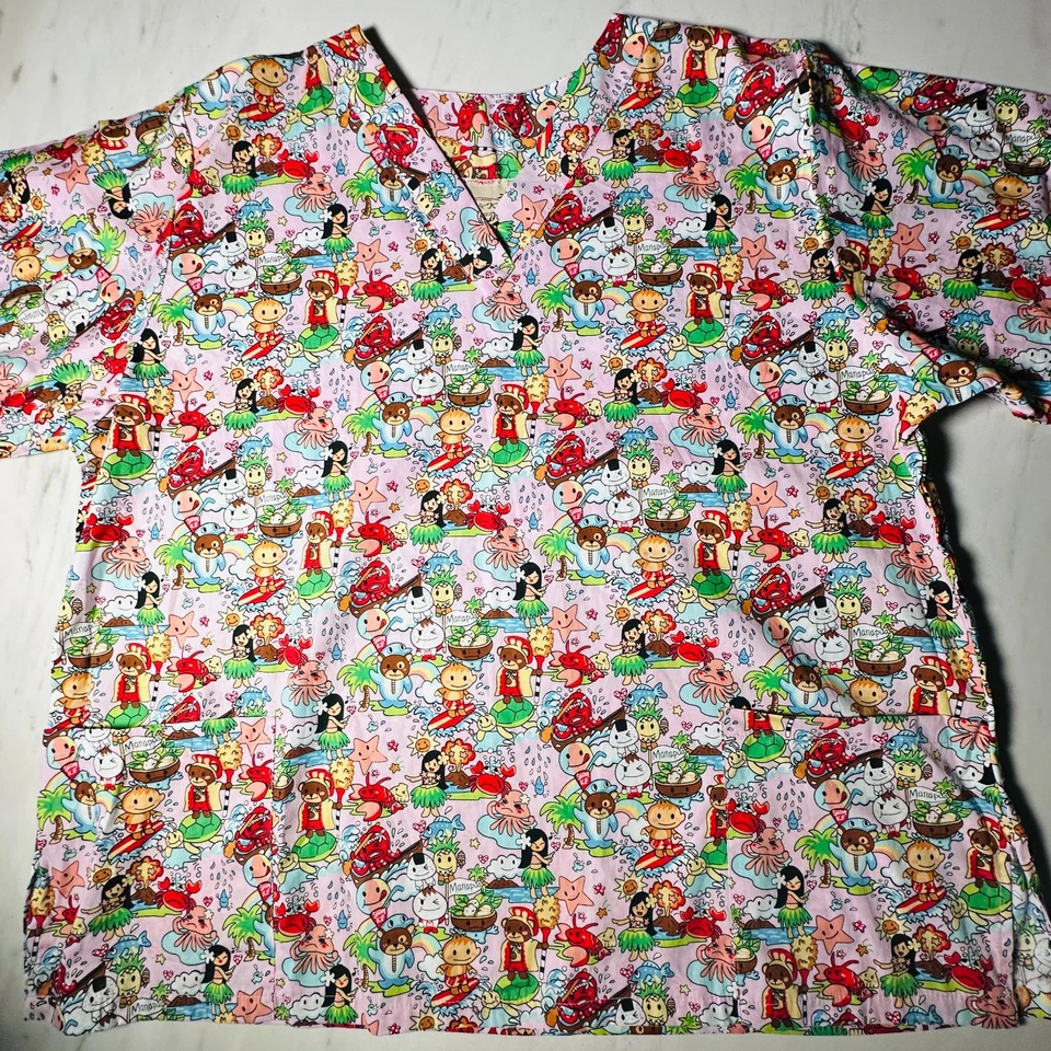 Hawaiian Scrub Top Manapua Women’s Sz 2XL Pineapple Hula Nursing Medical E&K - Image 1 of 4