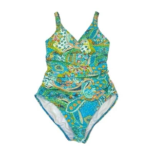 Ralph Lauren Swimsuit Womens Sz 12 Aqua Paisley One-Piece Bra Shirred Tummy LRL - Picture 1 of 14
