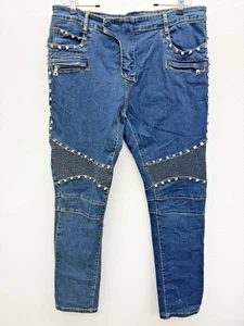 Balmain Paris Mens Blue Denim Ribbed Biker Jeans Zipper Pockets Spikes 37x31 - Picture 1 of 17