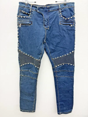 Balmain Paris Mens Blue Denim Ribbed Biker Jeans Zipper Pockets Spikes 37x31 - Image 1 of 4
